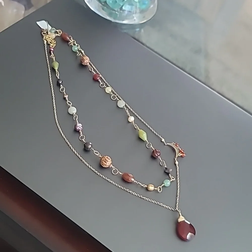 Carnelian Teardrop Pendant Necklace 14kt Gold Filled Half Moon with Dangles - Picture 7 of 8